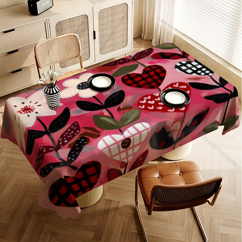 1pc 2D Printed Vine-Wrapped Floral and Checkered Heart Pattern Tablecloth, Easy to Care for, Enhances Ambiance, Protects Table Surface, Ideal for Daily Dining, Friend Gatherings, Afternoon Tea, Holiday: Valentine's Day