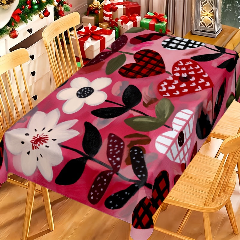1pc 2D Printed Vine-Wrapped Floral and Checkered Heart Pattern Tablecloth, Easy to Care for, Enhances Ambiance, Protects Table Surface, Ideal for Daily Dining, Friend Gatherings, Afternoon Tea, Holiday: Valentine's Day