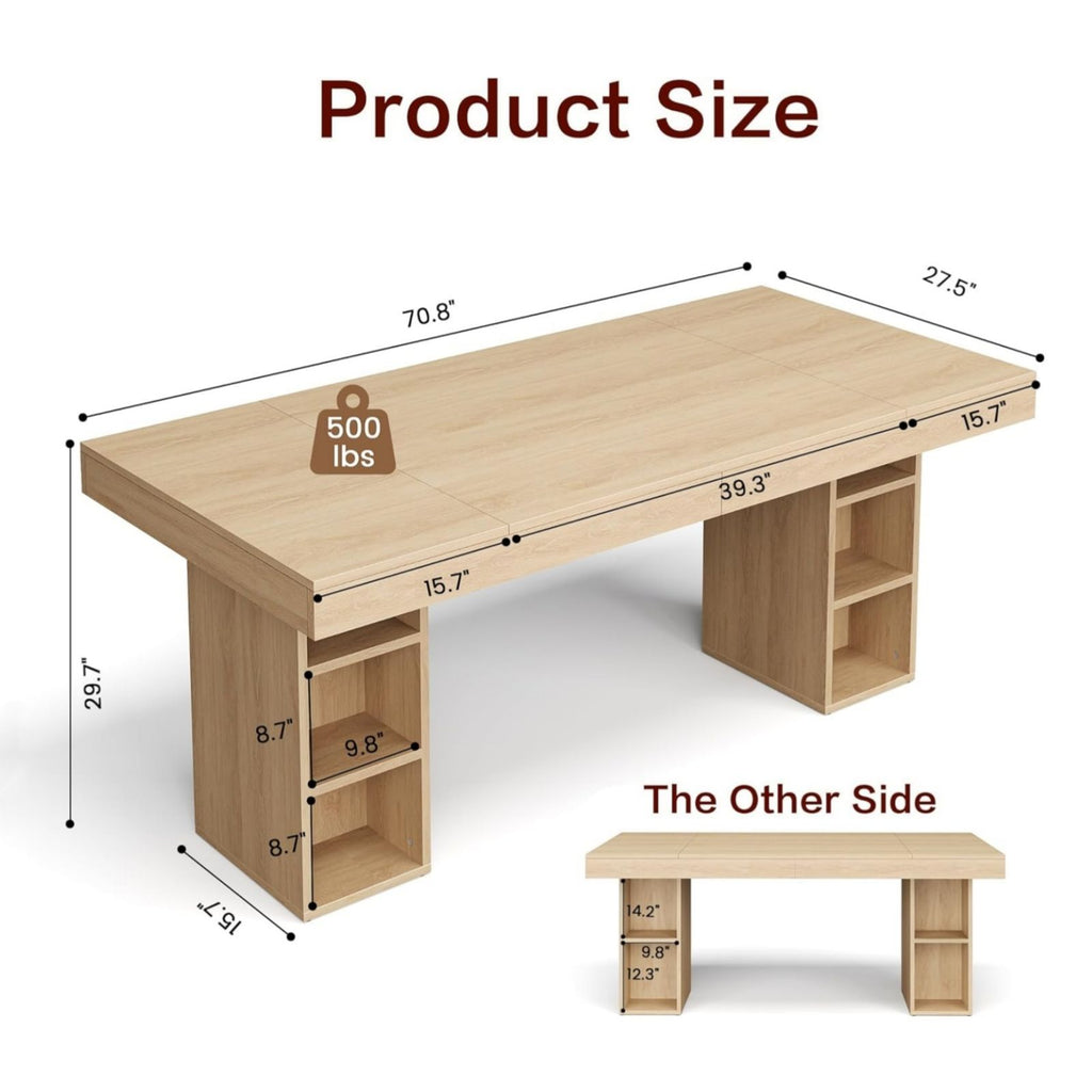 70.8\u002F62.9-Inch Large Rectangular Dining Table with Dual Side Storage Shelves & Double Pedestal Base - Extends to 6-8 People, Sturdy Frame Kitchen Table Suitable for, Office, Banquet - Assembly Required