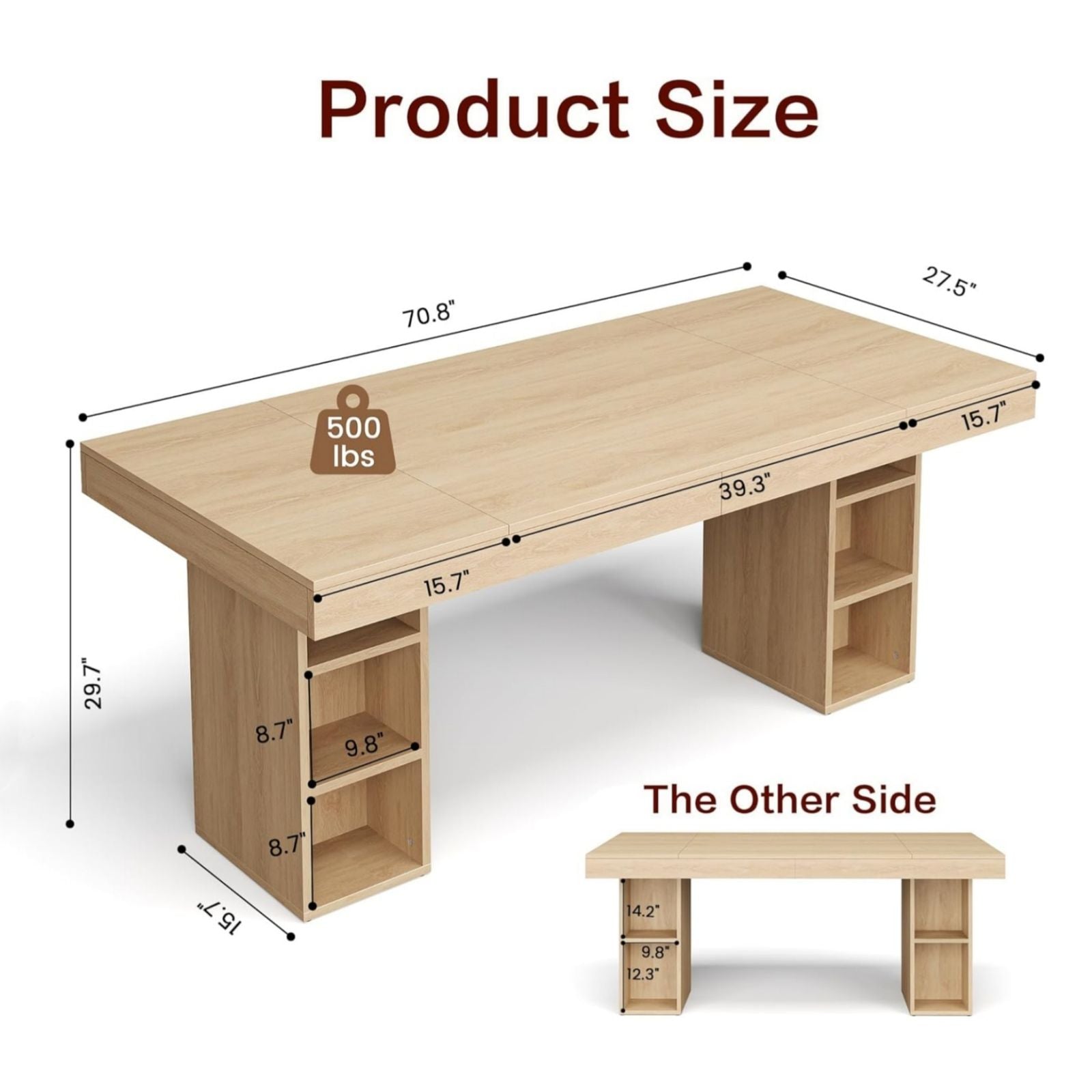 70.8\u002F62.9-Inch Large Rectangular Dining Table with Dual Side Storage Shelves & Double Pedestal Base - Extends to 6-8 People, Sturdy Frame Kitchen Table Suitable for, Office, Banquet - Assembly Required