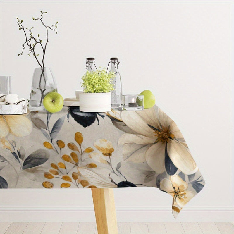 Floral Bee Pattern Tablecloth, Light Gray and Beige Base with Light Yellow Flowers, Black and Yellow Bees, and Light Yellow Branches, Overall Style Fresh and Natural, Tablecloth For Rectangular Table, Yellow Tablecloth
