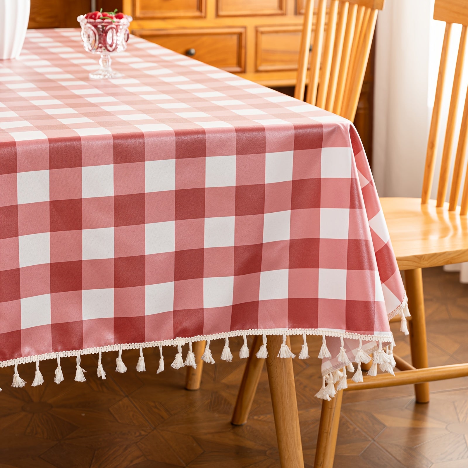 A Beige Checkered Pattern with Tassel Decoration, Suitable for Dining Tables, Coffee Tables, And Outdoor Use - Easy to Clean - Wipeable And Reusable