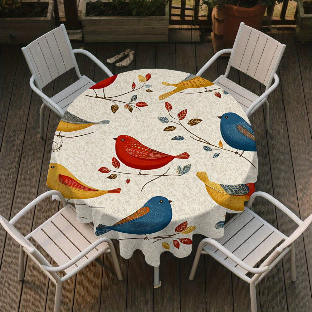 1pc Round Tablecloth with Colorful Birds on Branches & Red\u002FBlue\u002FYellow Bird Pattern - Beige Background, Fringed Trim, Durable Easy-Clean Polyester Fabric for Round Dining Tables, Spring Summer Parties, ' Room Decor (-Friendly