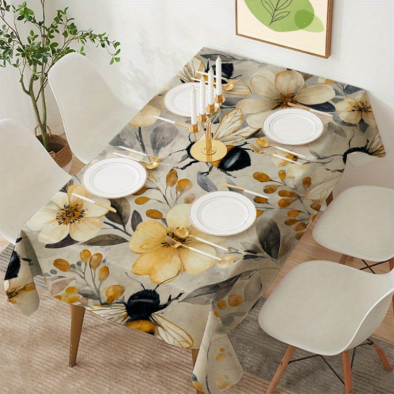 Floral Bee Pattern Tablecloth, Light Gray and Beige Base with Light Yellow Flowers, Black and Yellow Bees, and Light Yellow Branches, Overall Style Fresh and Natural, Tablecloth For Rectangular Table, Yellow Tablecloth