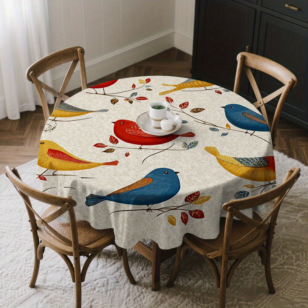 1pc Round Tablecloth with Colorful Birds on Branches & Red\u002FBlue\u002FYellow Bird Pattern - Beige Background, Fringed Trim, Durable Easy-Clean Polyester Fabric for Round Dining Tables, Spring Summer Parties, ' Room Decor (-Friendly