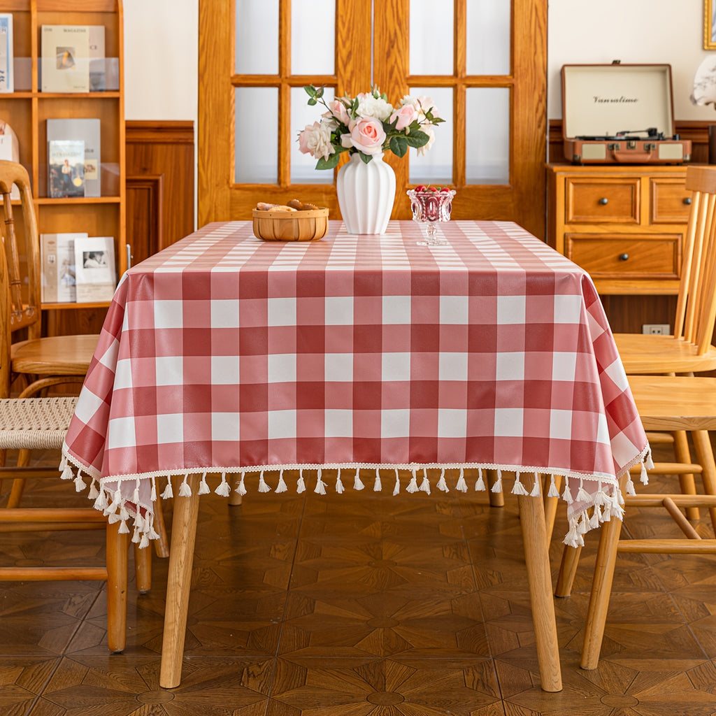 A Beige Checkered Pattern with Tassel Decoration, Suitable for Dining Tables, Coffee Tables, And Outdoor Use - Easy to Clean - Wipeable And Reusable