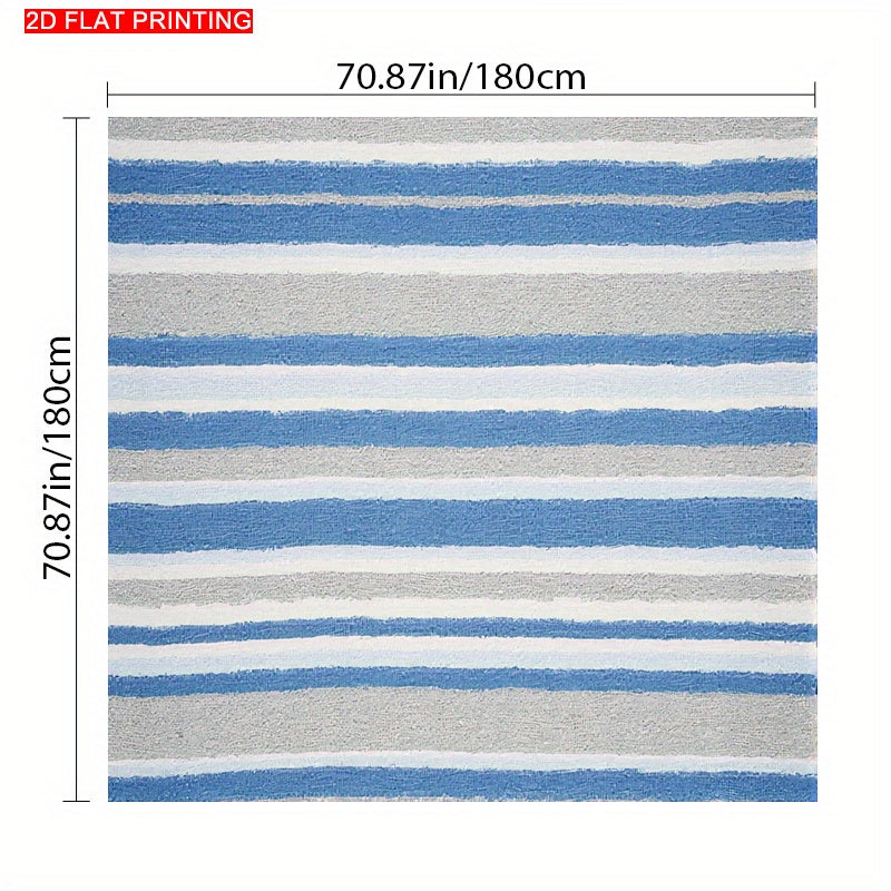 A Blue-Gray And White Striped Tablecloth, Perfect for Dining Tables, Coffee Tables, And Desks. It Serves As a Decorative Piece for Parties And Home Decor, Is Soft And Delicate, Machine Washable for Easy Cleaning, Enhances The Dining Atmosphere