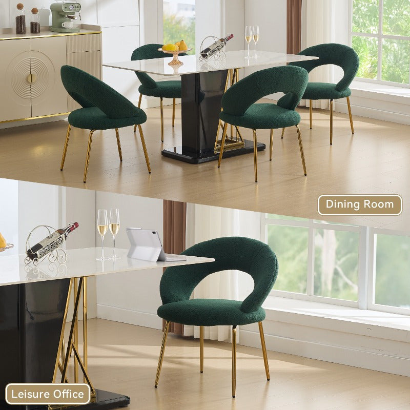 A Collection of One Green Upholstered Dining Chair Featuring a Curved Back And Golden Metal Legs, Suitable for The Kitchen Or Dining Area, Designed to Be Both Lightweight And Durable
