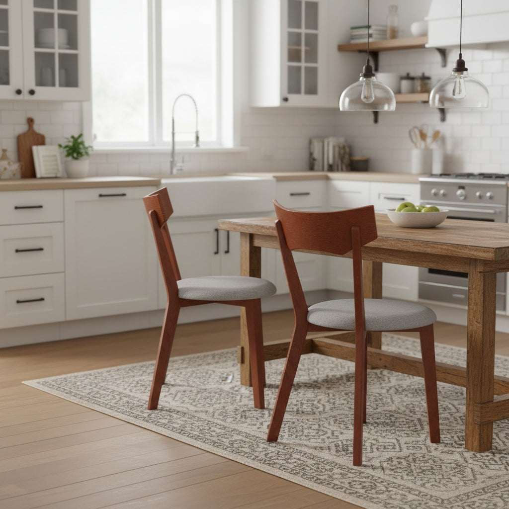 Set of 2 Wooden Dining Chairs | Fabric Upholstered Kitchen Side Chairs with Curved Backrest & Padded Seat, Modern Armless Accent Chairs for Home Dining Room, Living Room -